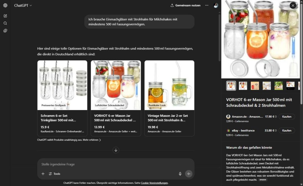 ChatGPT Shopping - Ergebnisse für Einmachgläser für Milkshakes