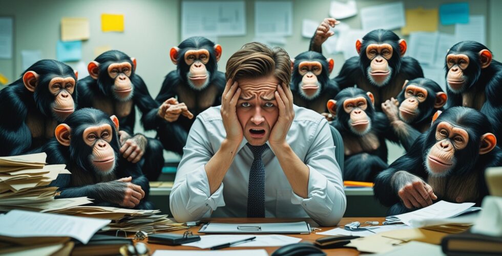 Ein gestresster Büro-Mitarbeiter mit zahlreichen Schimpansen im Hintergrund. Die Schimpansen symbolisieren mehrere Mailchimp Accounts, die der Angestellte konsolidieren soll.