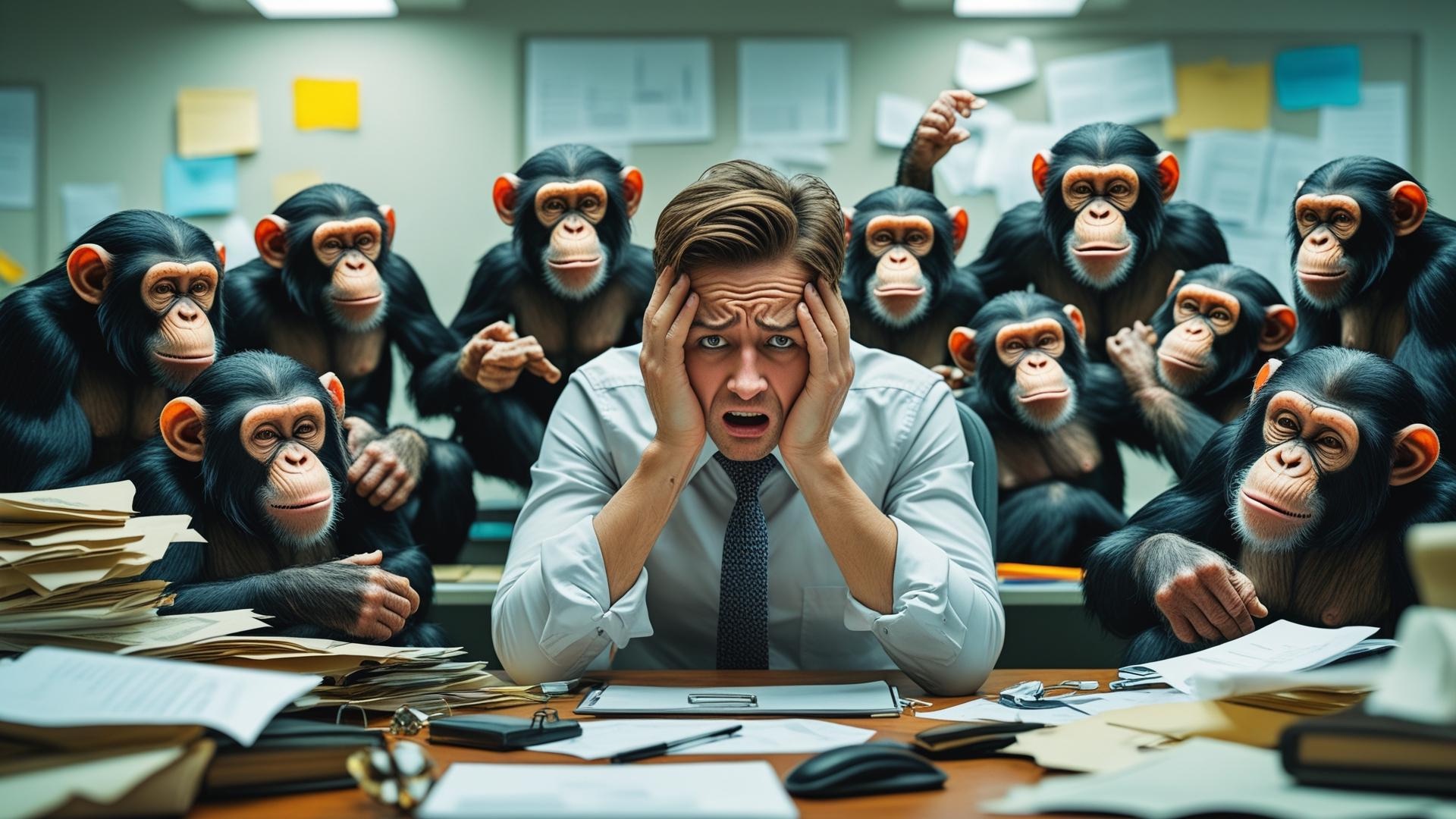 Ein gestresster Büro-Mitarbeiter mit zahlreichen Schimpansen im Hintergrund. Die Schimpansen symbolisieren mehrere Mailchimp Accounts, die der Angestellte konsolidieren soll.