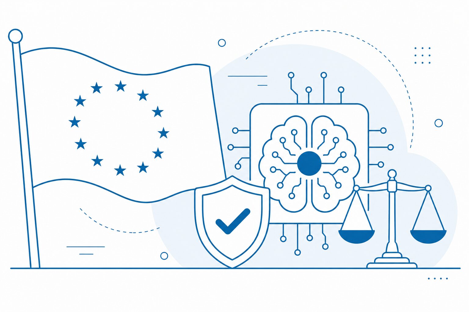 Symbolgrafik mit EU-Flagge, einer symbolhaften KI und einer Justizia Waage.