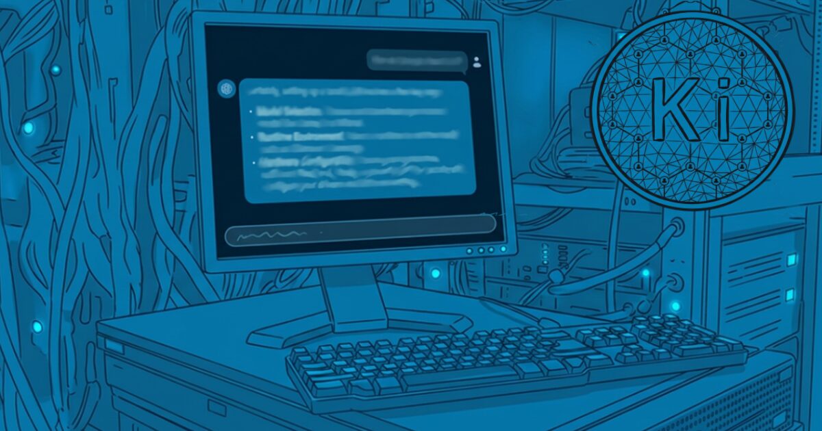 Comichafte Zeichnung eines Unternehmens-Serverraums mit einer lokalen LLM.